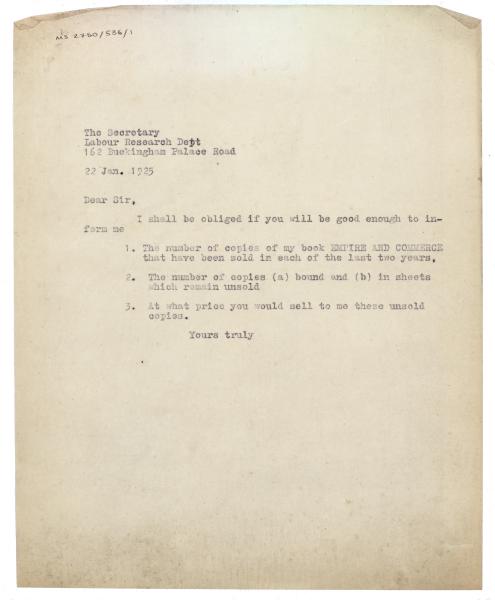 Image of typescript letter from Leonard Woolf to the Labour Research Department (22/01/1925) page 1 of 1