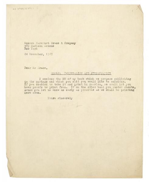 Image of typescript letter from Leonard Woolf to Donald Brace (11/24/1927) page 1 of 1