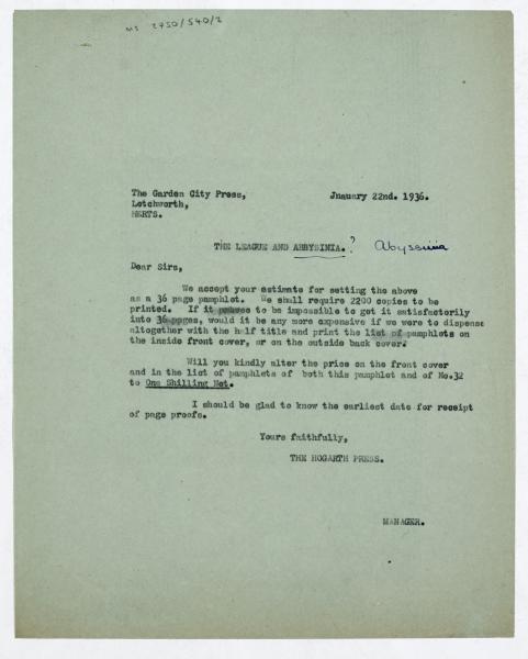 Image of typescript letter from the Hogarth Press to the Garden City Press Ltd (22/01/1936) page 1 of 1 