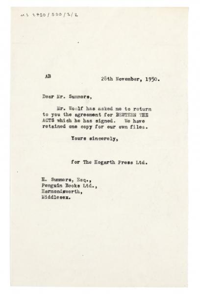 Image of typescript letter from The Hogarth Press to Penguin Books (28/11/1950) page 1 of 1
