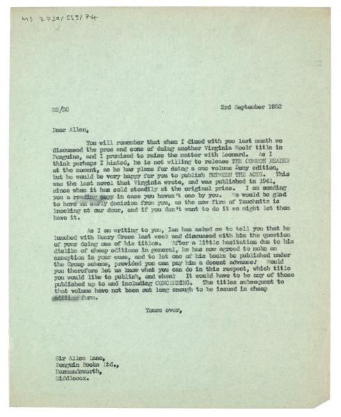 Letter from The Hogarth Press to Penguin Books Limited (03 Sep 1952)