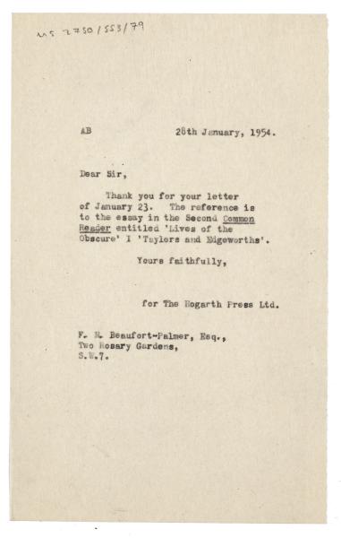 Letter from The Hogarth Press to Francis Beaufort-Palmer (28 Jan 1954)