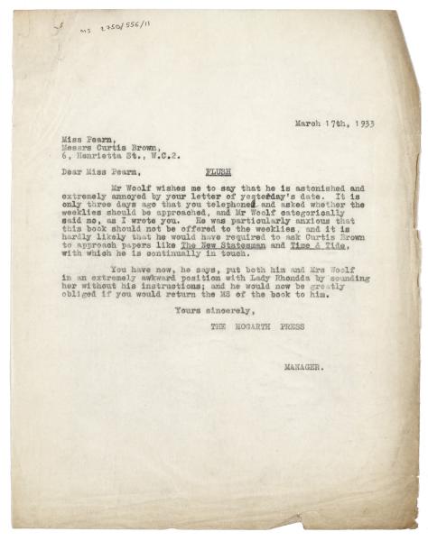 Letter from Margaret West at The Hogarth Press to Nancy R. Pearn at Curtis Brown Ltd (17/03/1933)