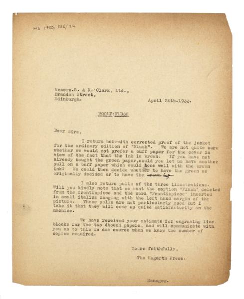 Letter from Margaret West at The Hogarth Press to R. & R. Clark (24/04/1933)