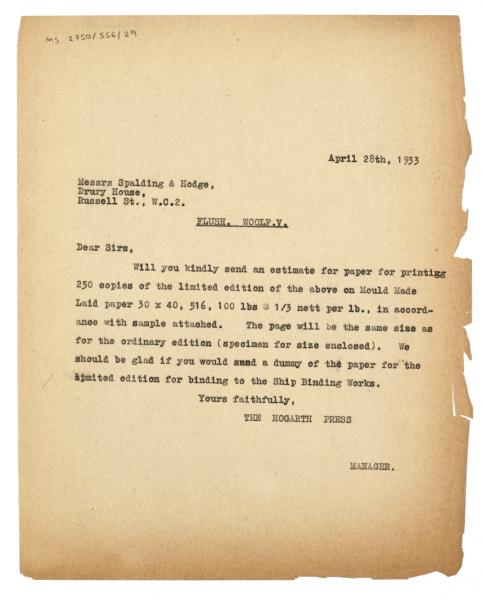 Letter from Margest West at The Hogarth Press to Spalding & Hodge (28/04/1933)