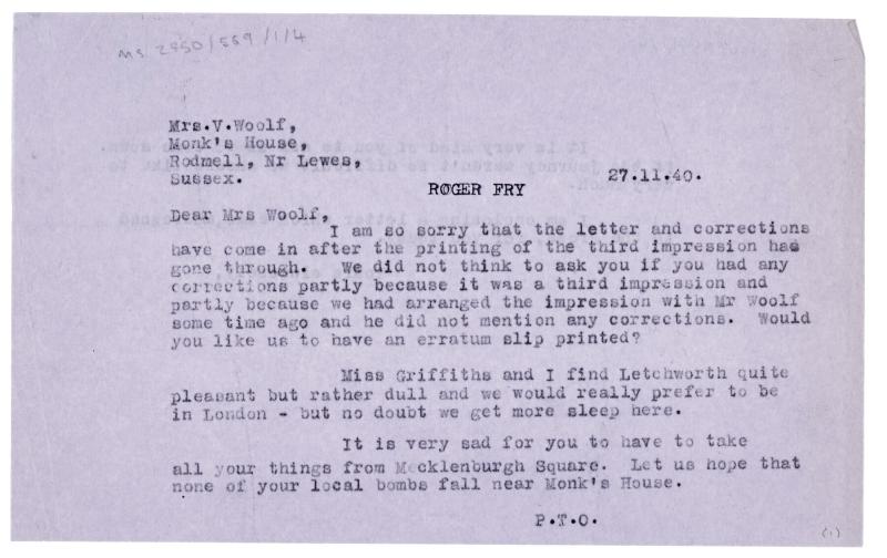 Image of a Letter from Miss Perkins to Virginia Woolf (27/11/1940)