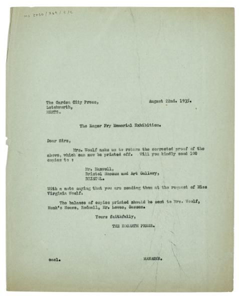 Image of a Letter from The Hogarth Press to The Garden City Press (22/08/1935)