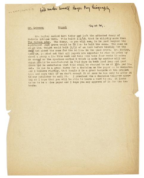 Image of a Note from the Hogarth Press Manager to John Lehmann (24/10/1939)