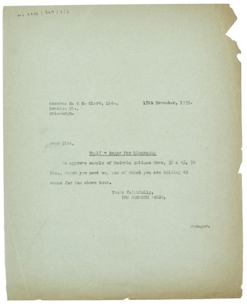 Image of a Letter from The Hogarth Press to R. & R. Clark Ltd (17/11/1939)