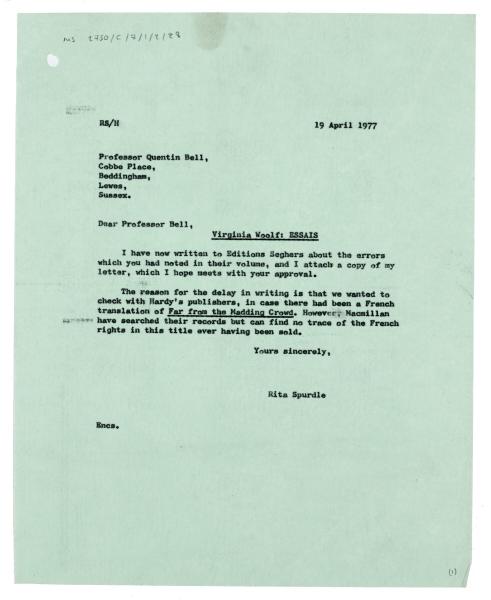 Letter from Rita Spurdle at The Hogarth Press to Quentin Bell (19/04/1977) with letter from Rita Spurdle at The Hogarth Press to Béatrix Vernet (19/04/1977)