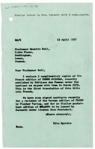 Letter from Rita Spurdle at The Hogarth Press to Quentin Bell (15/04/1977)