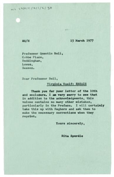 Letter from Rita Spurdle at The Hogarth Press to Quentin Bell (15/03/1977)