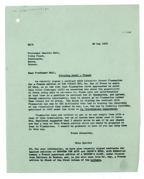 Letter from Rita Spurdle at The Hogarth Press to Quentin Bell (20/05/1976)