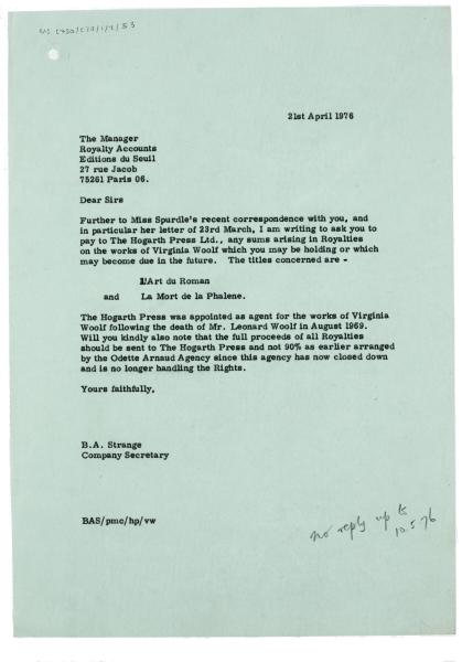 Letter from B. A. Strange at The Hogarth Press to Éditions du Seuil (21/04/1976)