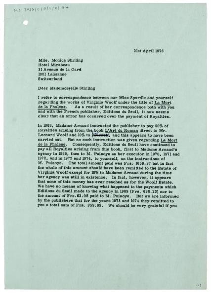 Letter from B. A. Strange at The Hogarth Press to Monica Stirling (21/04/1976)