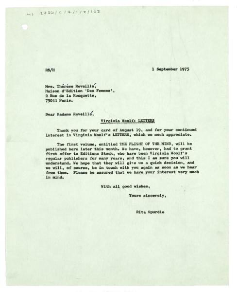 Letter from Rita Spurdle at The Hogarth Press to Thérèse Reveillé at Maison d'Éditions des Femmes (01/09/1975)