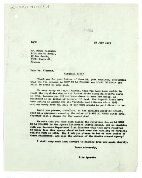 Letter from Rita Spurdle at The Hogarth Press to Bruno Flamand at Éditions du Seuil (18/07/1975)