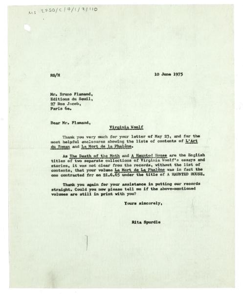 Letter from Rita Spurdle at The Hogarth Press to Bruno Flamand at Éditions du Seuil (10/06/1975)