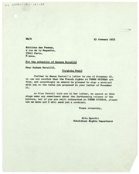 Letter from Rita Spurdle at The Hogarth Press to Thérèse Reveillé at Éditions des Femmes (23/01/1975)
