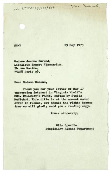 Letter from Rita Spurdle at The Hogarth Press to Jeanne Durand at Librarie Ernest Flammarion (23/05/1973)