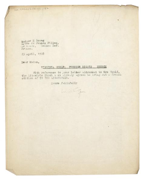 Image of a Letter from Leonard Woolf at The Hogarth Press to Y. M. Boscq (23/04/1928)