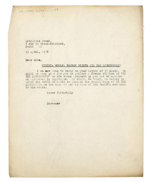 Image of a Letter from Leonard Woolf at The Hogarth Press to Librairie Stock (23/04/1928)