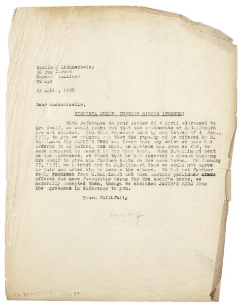 Image of a Letter from Leonard Woolf at The Hogarth Press to Jeanne Lichnerowicz (23/05/1928)