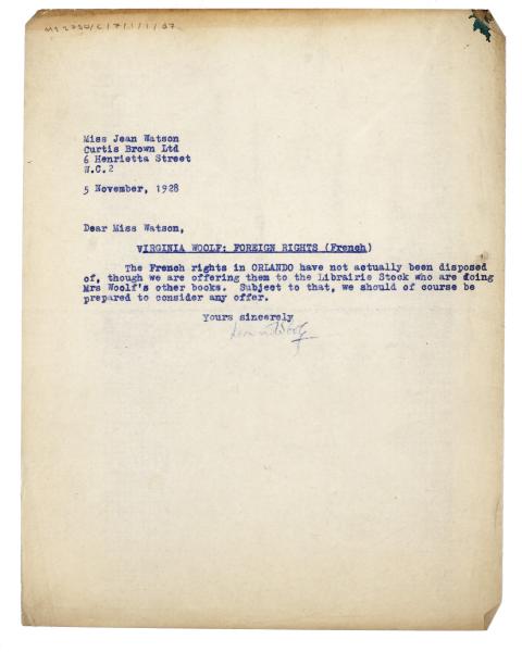 Image of a Letter from Leonard Woolf at The Hogarth Press to Jean Watson at Curtis Brown (05/11/1928)