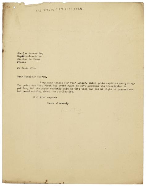 Image of a Letter from Leonard Woolf at The Hogarth Press to Charles Mauron (20/07/1931)