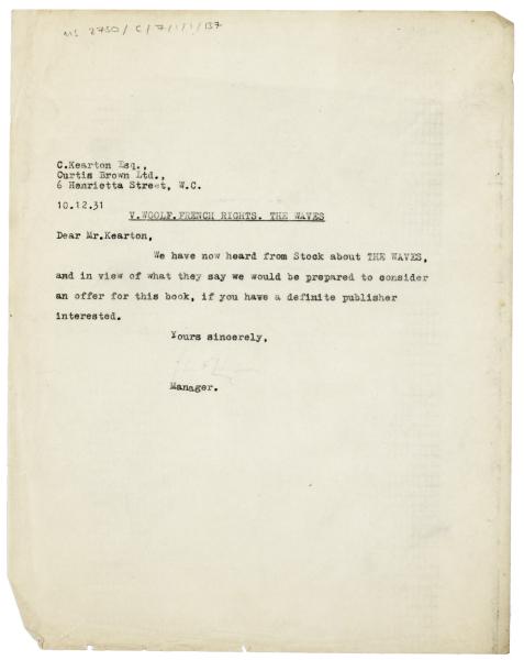 Image of a Letter from The Hogarth Press to Curtis Brown Ltd (10/12/1931)