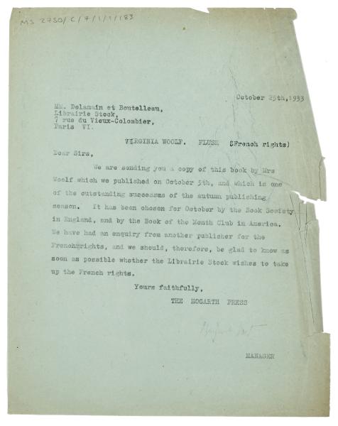 Image of a Letter from The Hogarth Press to Librairie Stock (25/10/1933)
