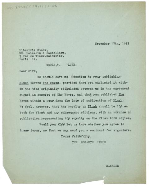 Image of a Letter from The Hogarth Press at Librairie Stock (17/11/1933)