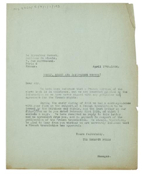 Image of a Letter from The Hogarth Press to Éditions du Siècle (17/04/1934)