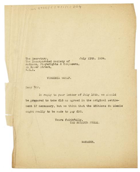 Image of a Letter from The Hogarth Press to Incorporated Society of Authors, Playwrights and Composers (11/07/1934)