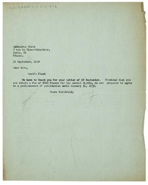 Image of a Letter from Leonard Woolf at The Hogarth Press to Librairie Stock (19/09/1934)