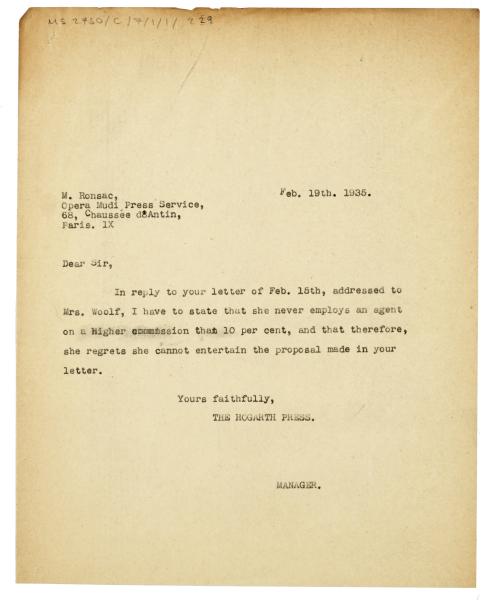 Image of a Letter from The Hogarth Press to M. Ronsac (19/02/1935)