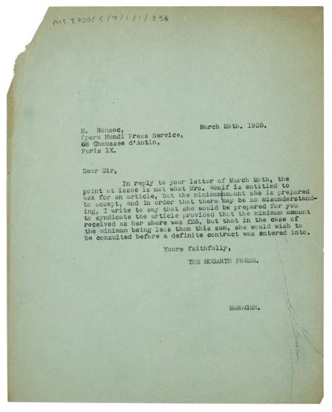 Image of a Letter from The Hogarth Press to Opera Mundi Press Service(29/03/1935)
