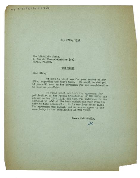 Image of a Letter from Leonard Woolf at The Hogarth Press to Librairie Stock (27/05/1937)