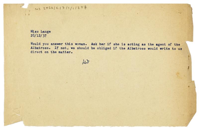 Image of a Note from Leonard Woolf at The Hogarth Press to Dorothy Lange (12/28/1937)