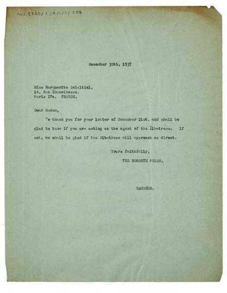 Image of a Letter from Dorothy Lange to Marguerite Scialtiel (30/12/1937)