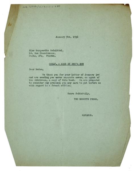 Image of a Letter from The Hogarth Press to Marguerite Scialtiel (05/01/1938)