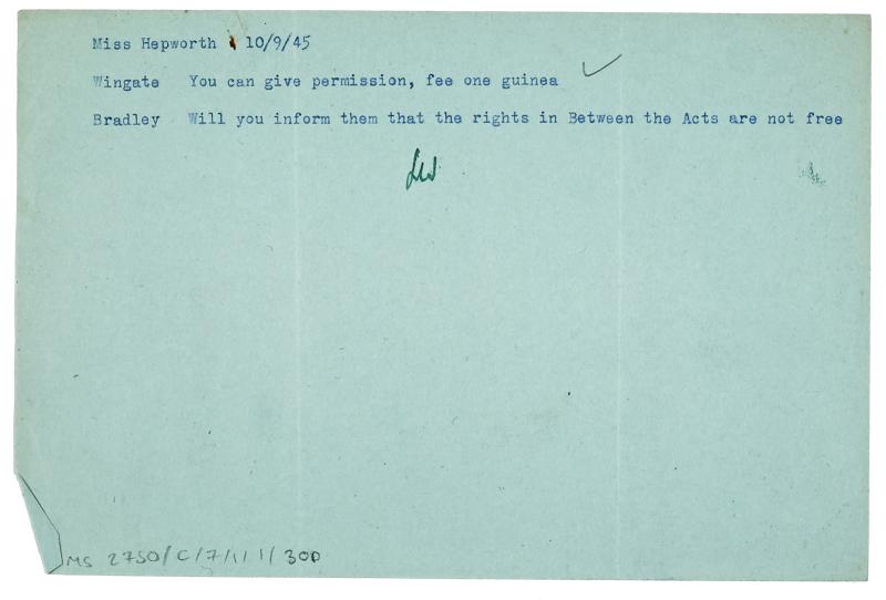 Image of a Note from Leonard Woolf to Barbara Hepworth at The Hogarth Press (10/09/1945)