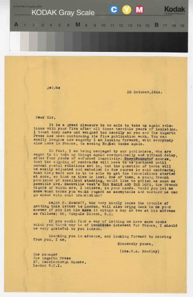 Image of a typescript letter from the William A. Bradley Literary Agency to The Hogarth Press (10/10/1944); page 1 of 1