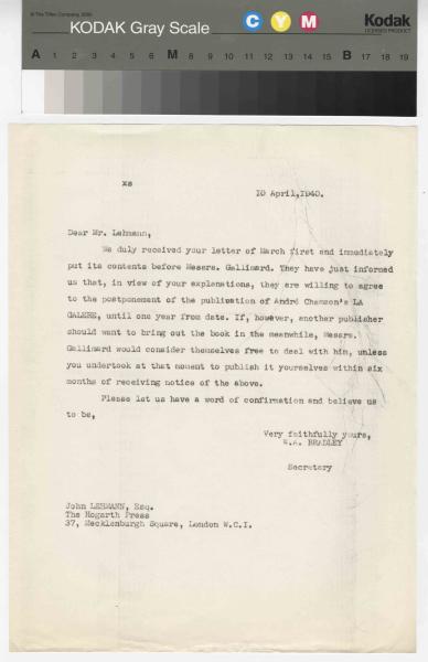 Image of a typescript letter from the William A. Bradley Literary Agency to The Hogarth Press (10/4/1940); page 1 of 1