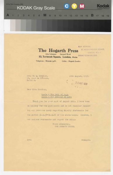 LETTER FROM THE HOGARTH PRESS TO JENNY BRADLEY (28/8/1939)