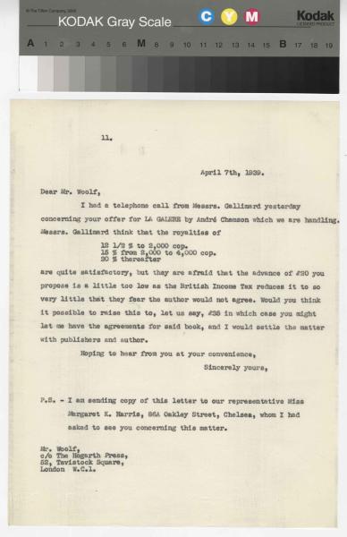 Image of a typescript letter from the William A. Bradley Literary Agency to The Hogarth Press (7/4/1939); page 1 of 1