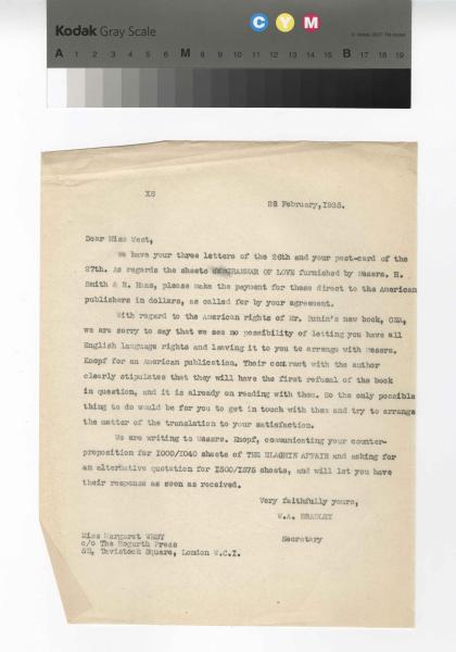 Image of a typescript letter from the William A. Bradley Literary Agency to The Hogarth Press (28/2/1935); page 1 of 1