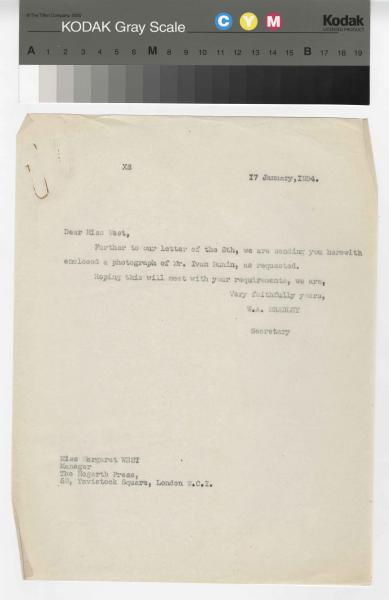 Image of a typescript letter from the William A. Bradley Literary Agency to The Hogarth Press (17/1/1934); page 1 of 1