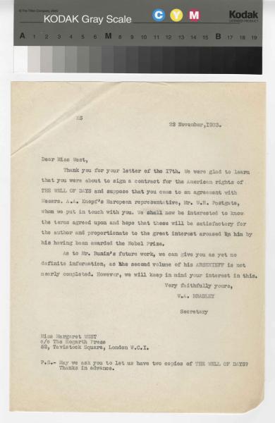 Image of a typescript letter from the William A. Bradley Literary Agency to The Hogarth Press (22/11/1933); page 1 of 1