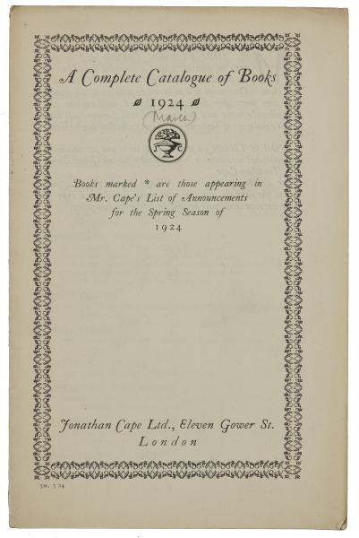 Image of front cover of Jonathan Cape, A Complete Catalogue of Books (1924) 